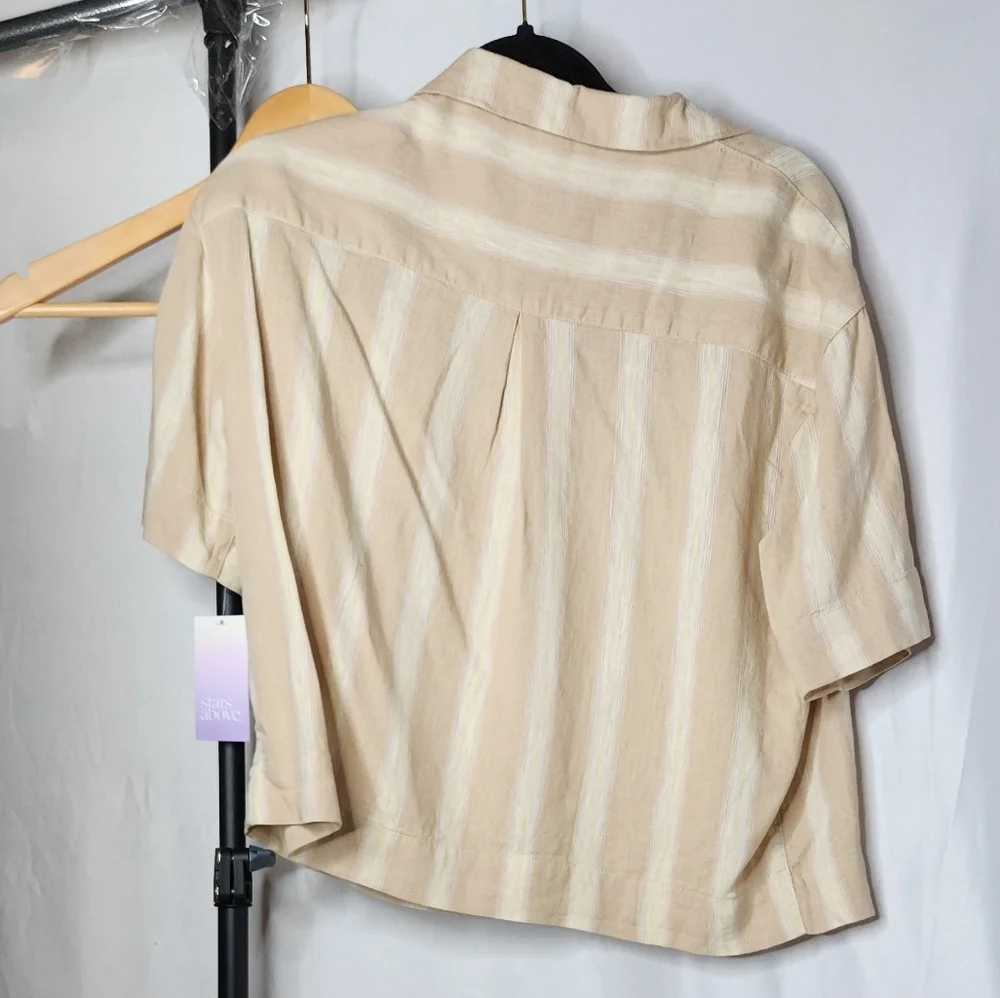 Women's Striped Linen Blend Button-Up Pajama Top - Stars Above Tan XS - Picture 3 of 11